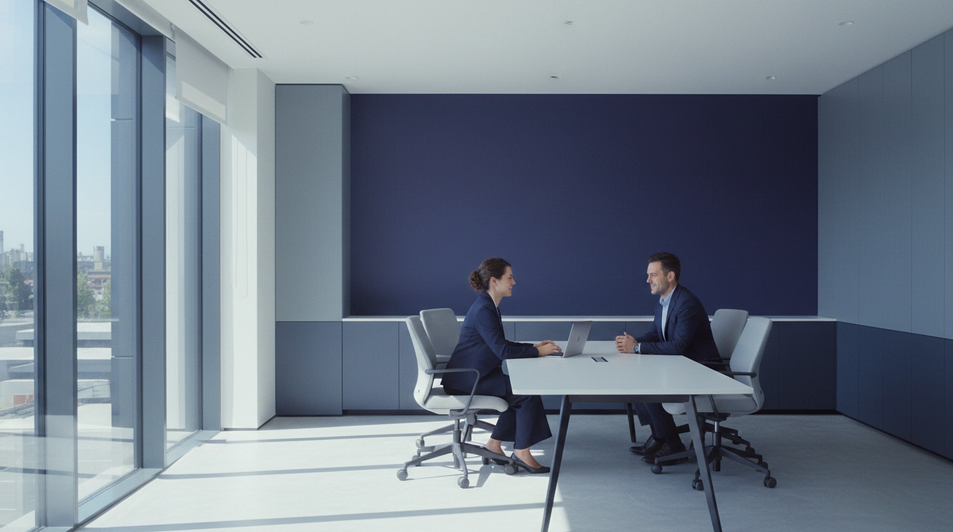 Dos profesionales conversando en una sala de reuniones acristalada